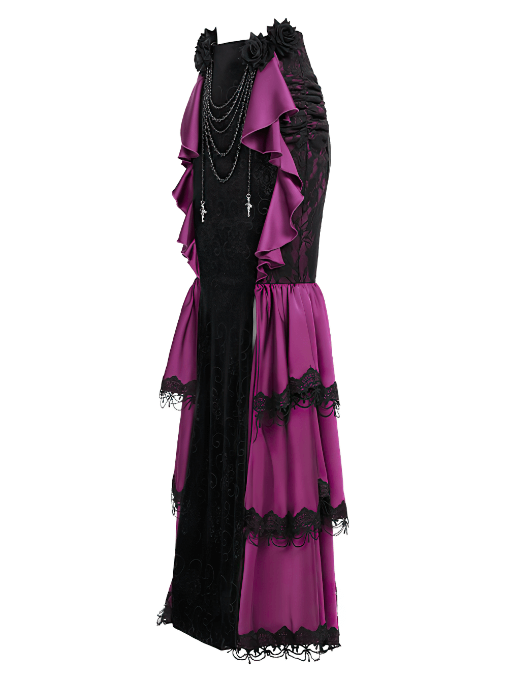 Gothic velvet maxi skirt with purple ruffles, lace, and chains for a dramatic Victorian look.