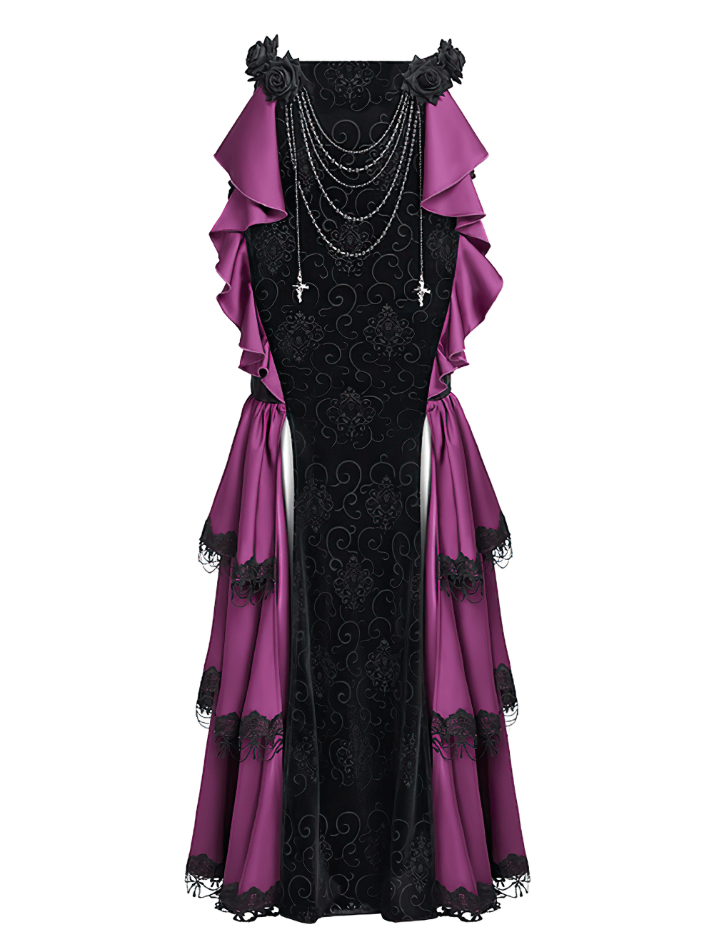 Gothic velvet maxi skirt featuring purple ruffles, black lace, and layered chains for a dramatic Victorian style.