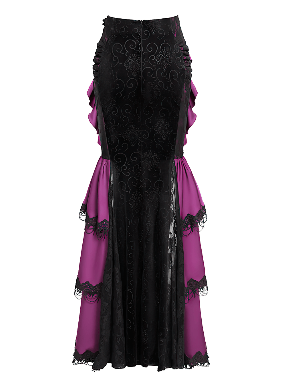 Gothic velvet maxi skirt featuring purple ruffles, black lace, and chains for a dramatic Victorian gothic style.