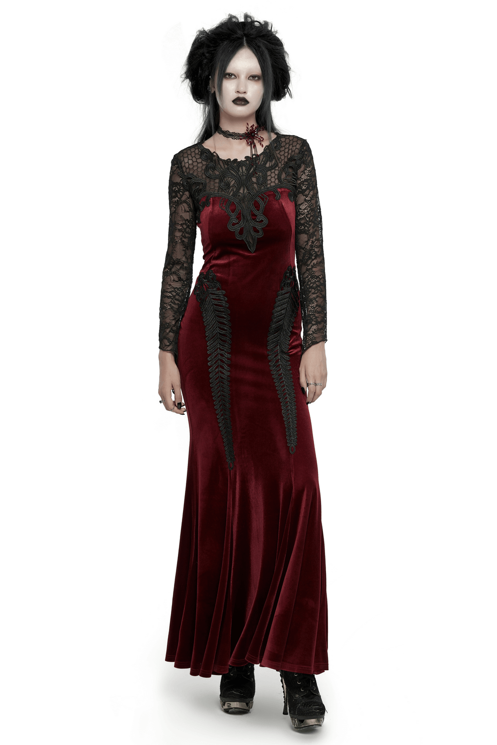 Gothic Velvet Mermaid Dress with Lace Detailing