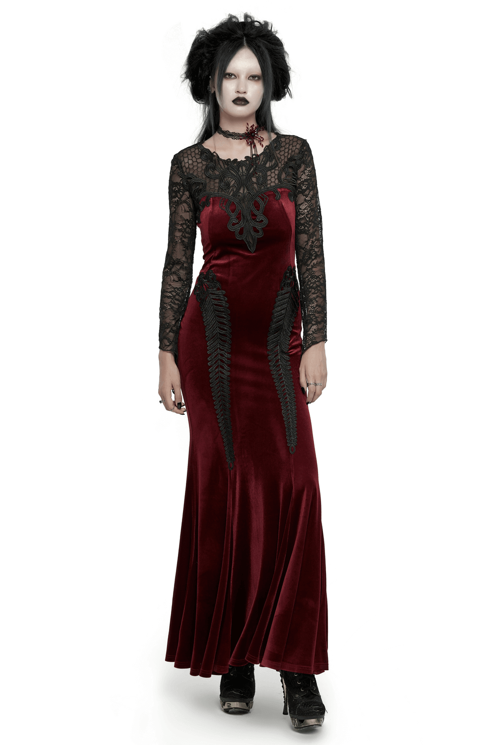 Gothic velvet mermaid dress with lace detailing, showcasing elegance and edge in dark red.