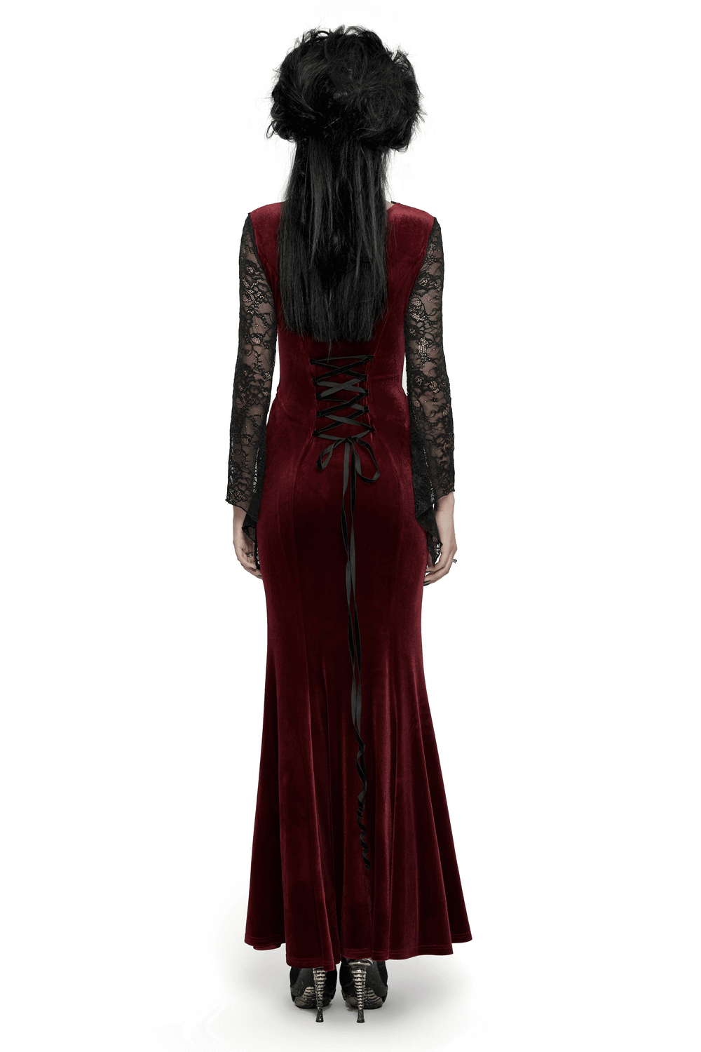 Elegant Gothic Velvet Mermaid Dress with lace sleeves, featuring a striking back lace-up detail in rich burgundy.