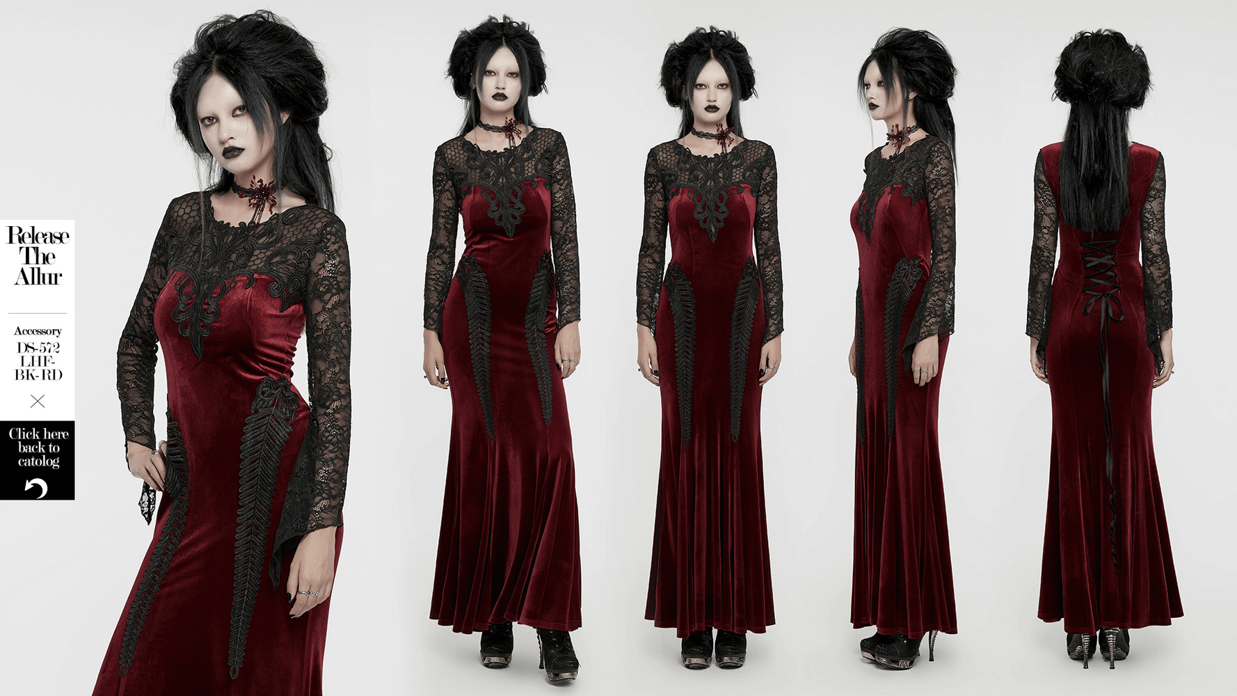 Gothic velvet mermaid dress with lace detailing, showcasing elegance and edge in rich burgundy fabric.