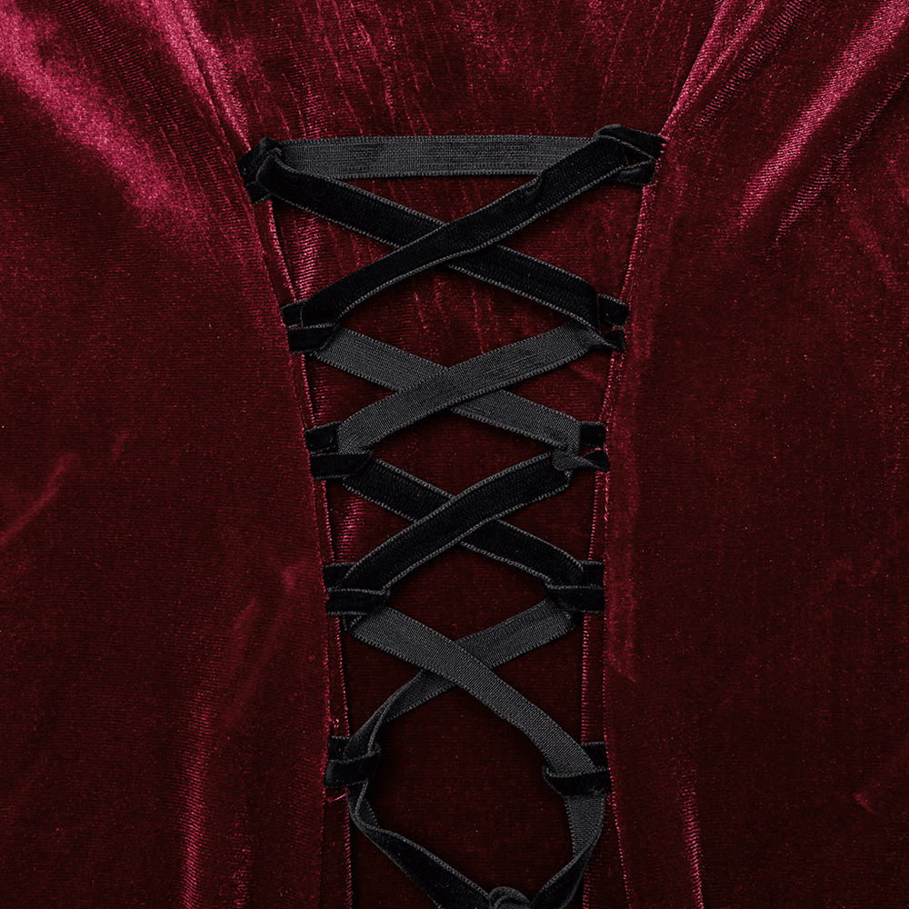 Detail shot of Gothic Velvet Mermaid Dress featuring intricate lace-up back design.