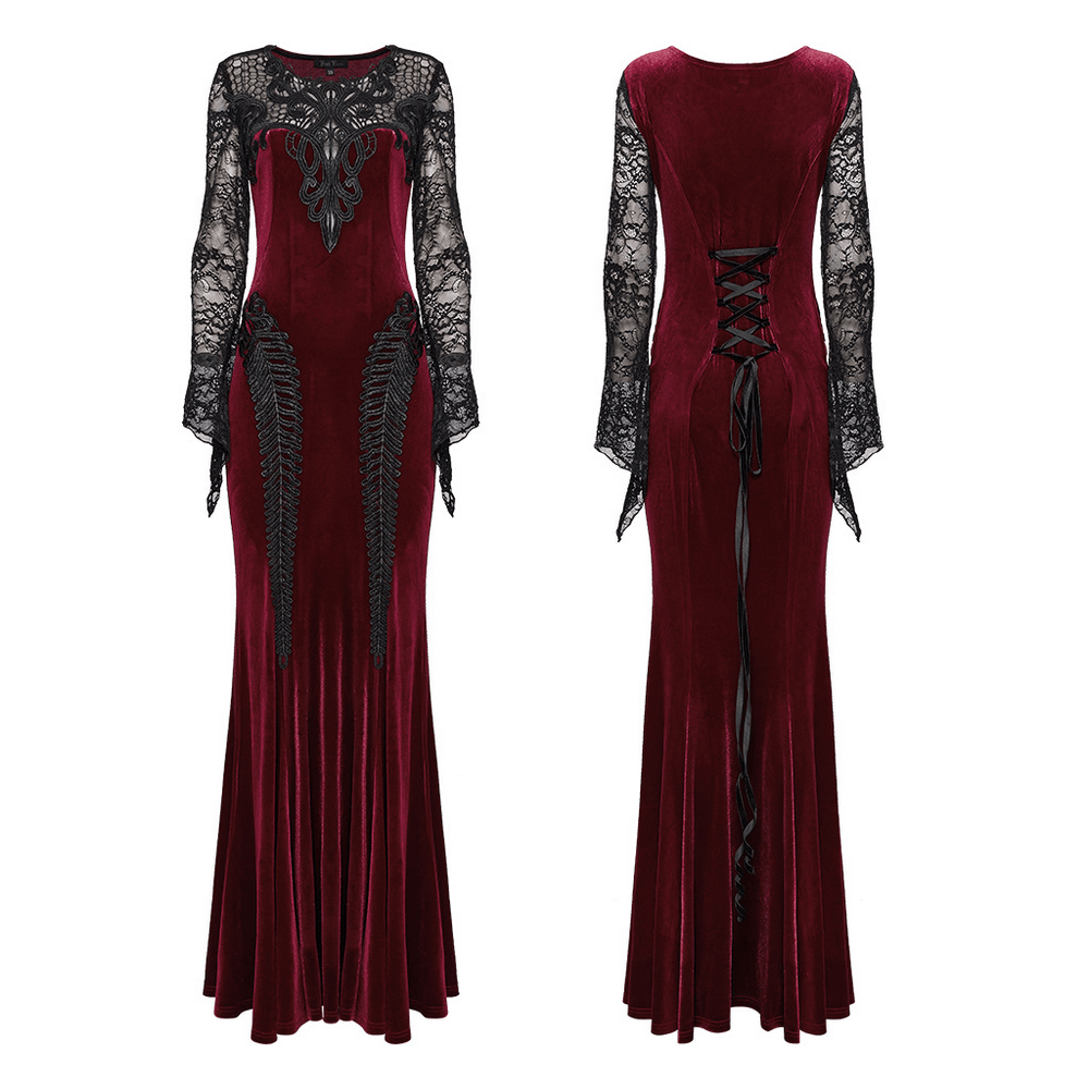 Elegant Gothic Velvet Mermaid Dress with Lace Detail, showcasing a flattering silhouette and sophisticated gemstone accents.