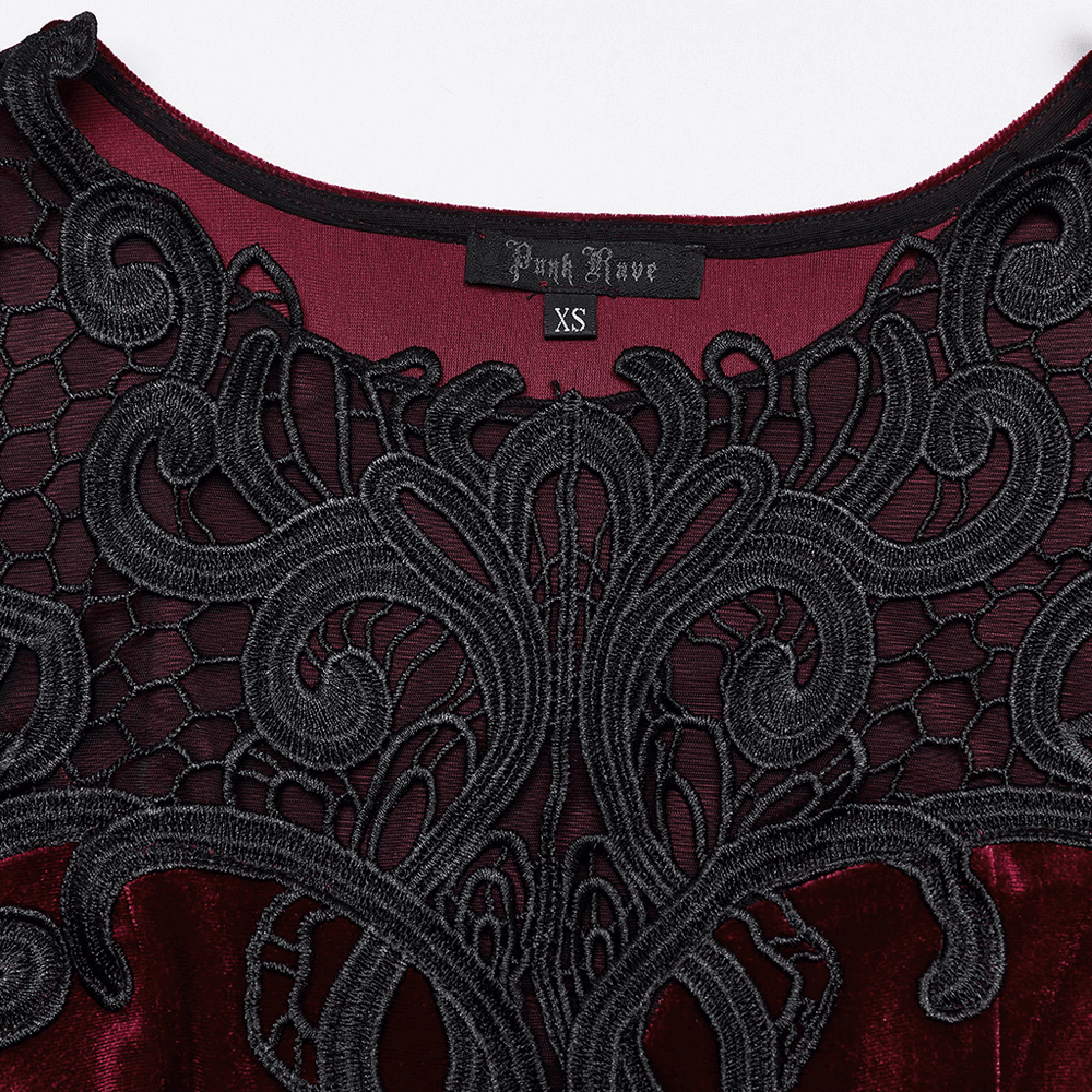 Close-up of Gothic Velvet Mermaid Dress neckline with intricate lace detailing and elegant embroidery.