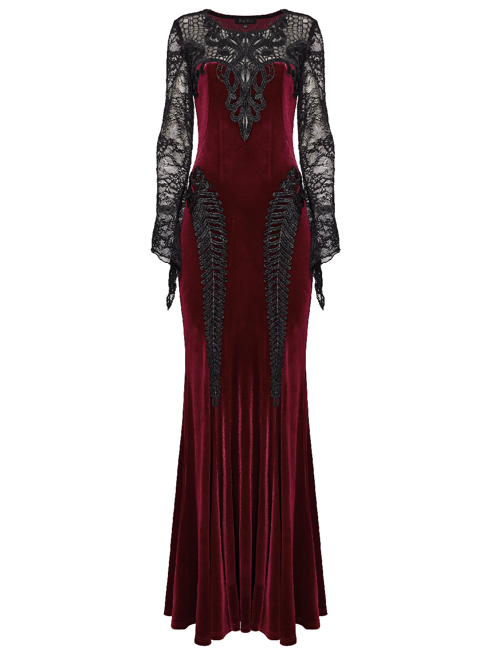 Gothic velvet mermaid dress with lace detailing, elegant silhouette, and floral mesh accents for a dramatic look.