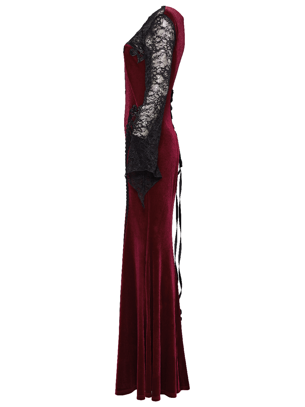 Gothic velvet mermaid dress in burgundy with black lace detailing, showcasing elegant and edgy style.