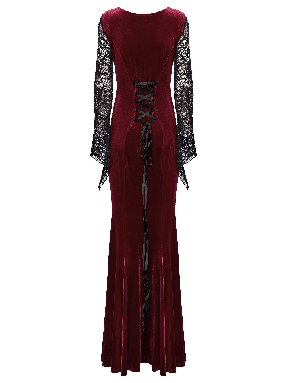 Gothic velvet mermaid dress with lace sleeves and corset back, showcasing elegance and dramatic flair.