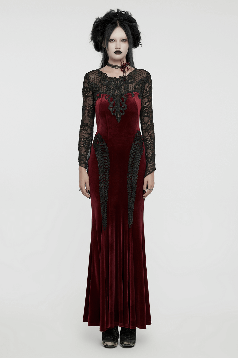 Gothic Velvet Mermaid Dress with Lace Detailing