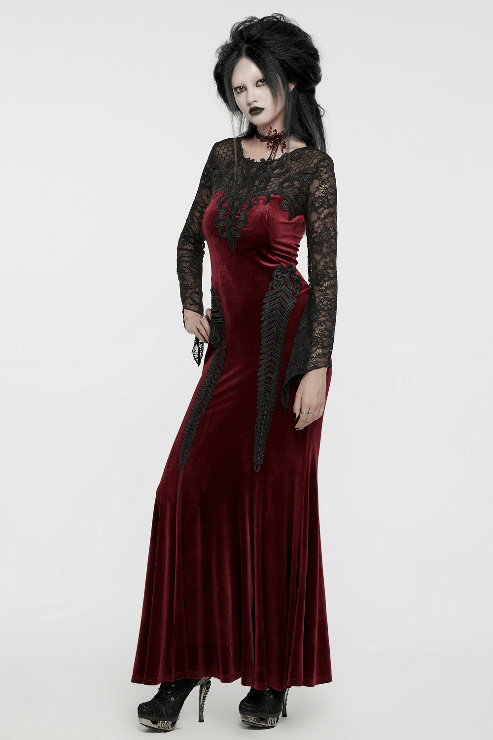 Gothic Velvet Mermaid Dress with Lace Detailing