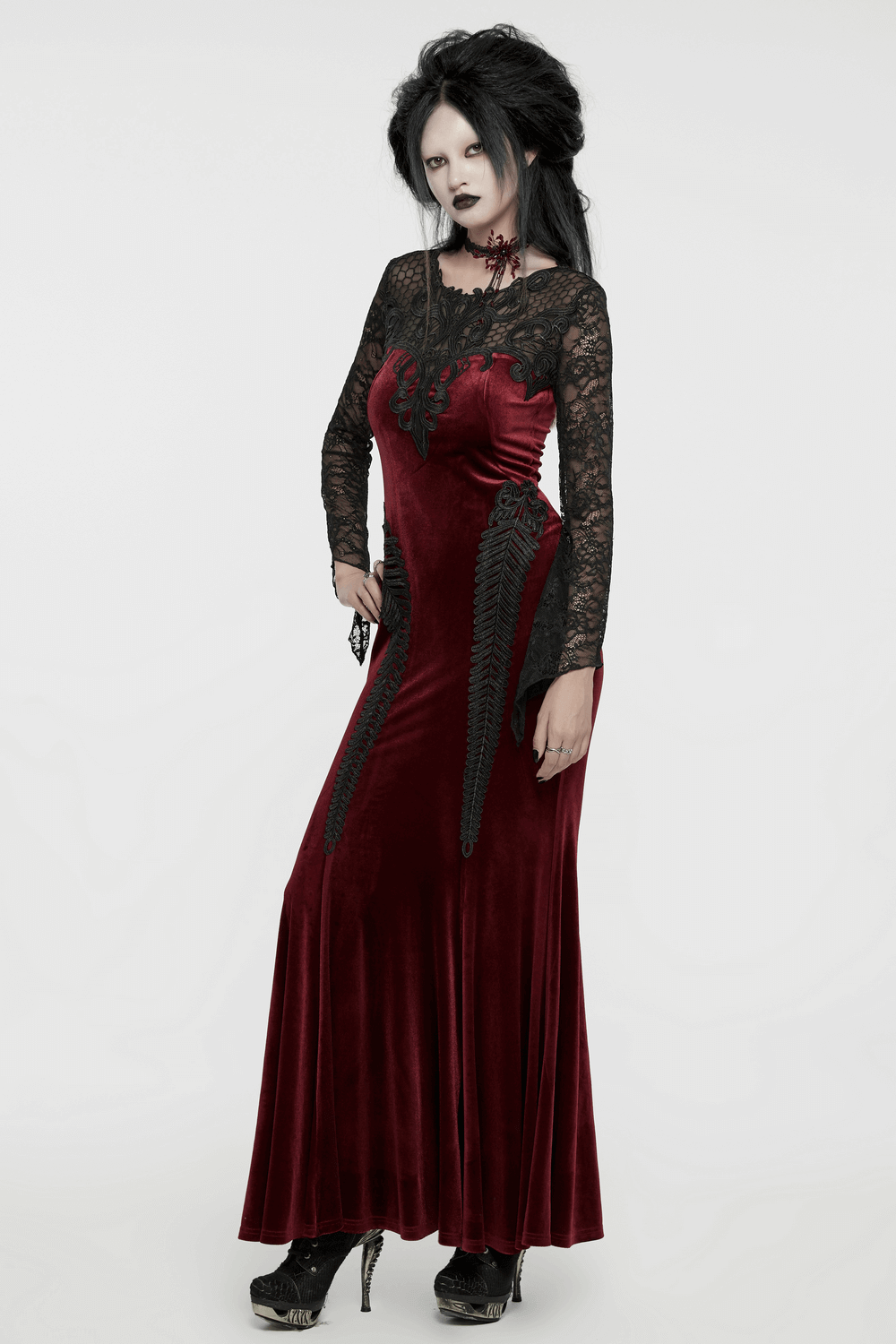 Gothic velvet mermaid dress in red, featuring lace detailing and a flattering silhouette for a chic yet edgy look.