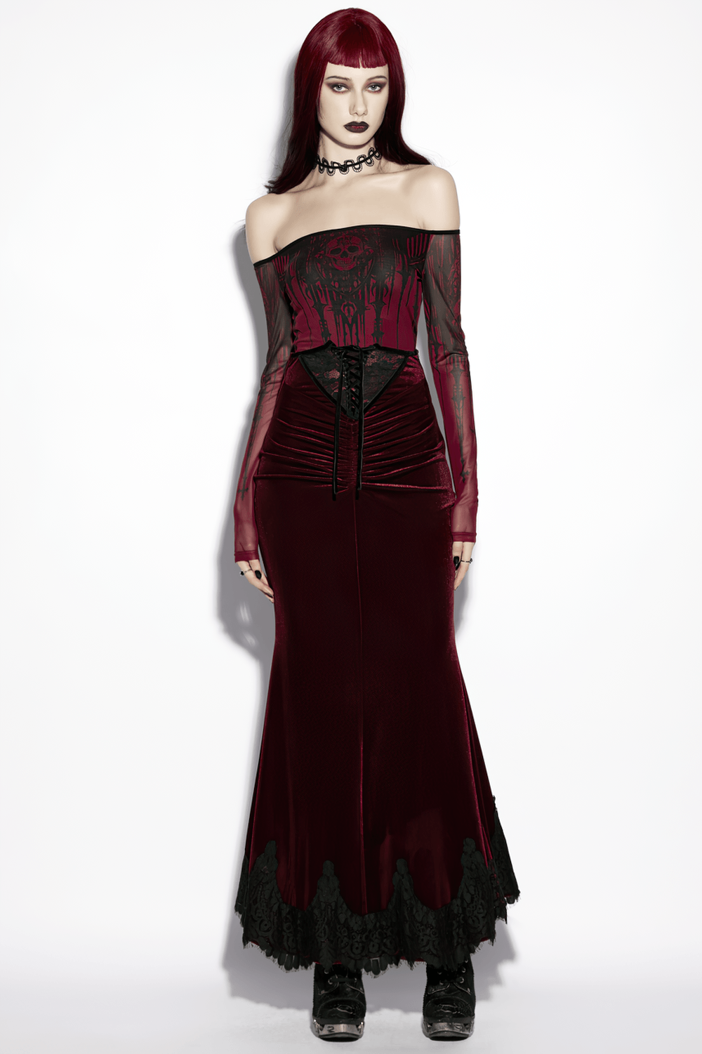 Alt Tag: Gothic Velvet Mermaid Maxi Skirt With Lace Hem wine-red velvet fishtail maxi skirt with black lace hem, high waist lace-up panel