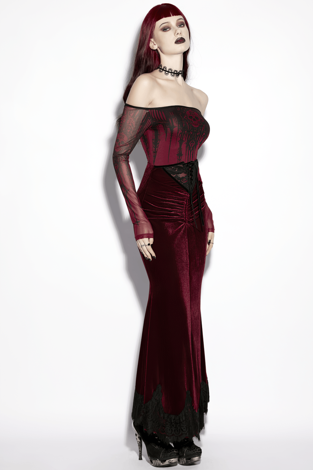 Alt Tag: Gothic Velvet Mermaid Maxi Skirt With Lace Hem wine-red velvet fishtail maxi skirt with black lace hem, dramatic gothic evening look