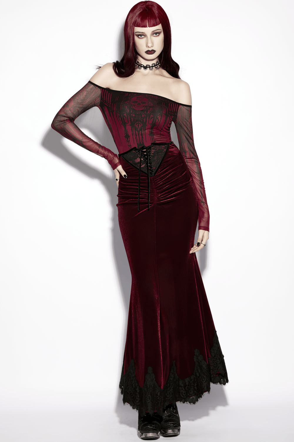 Alt Tag: Gothic Velvet Mermaid Maxi Skirt With Lace Hem wine-red velvet fishtail maxi skirt with black lace hem and lace-up waist