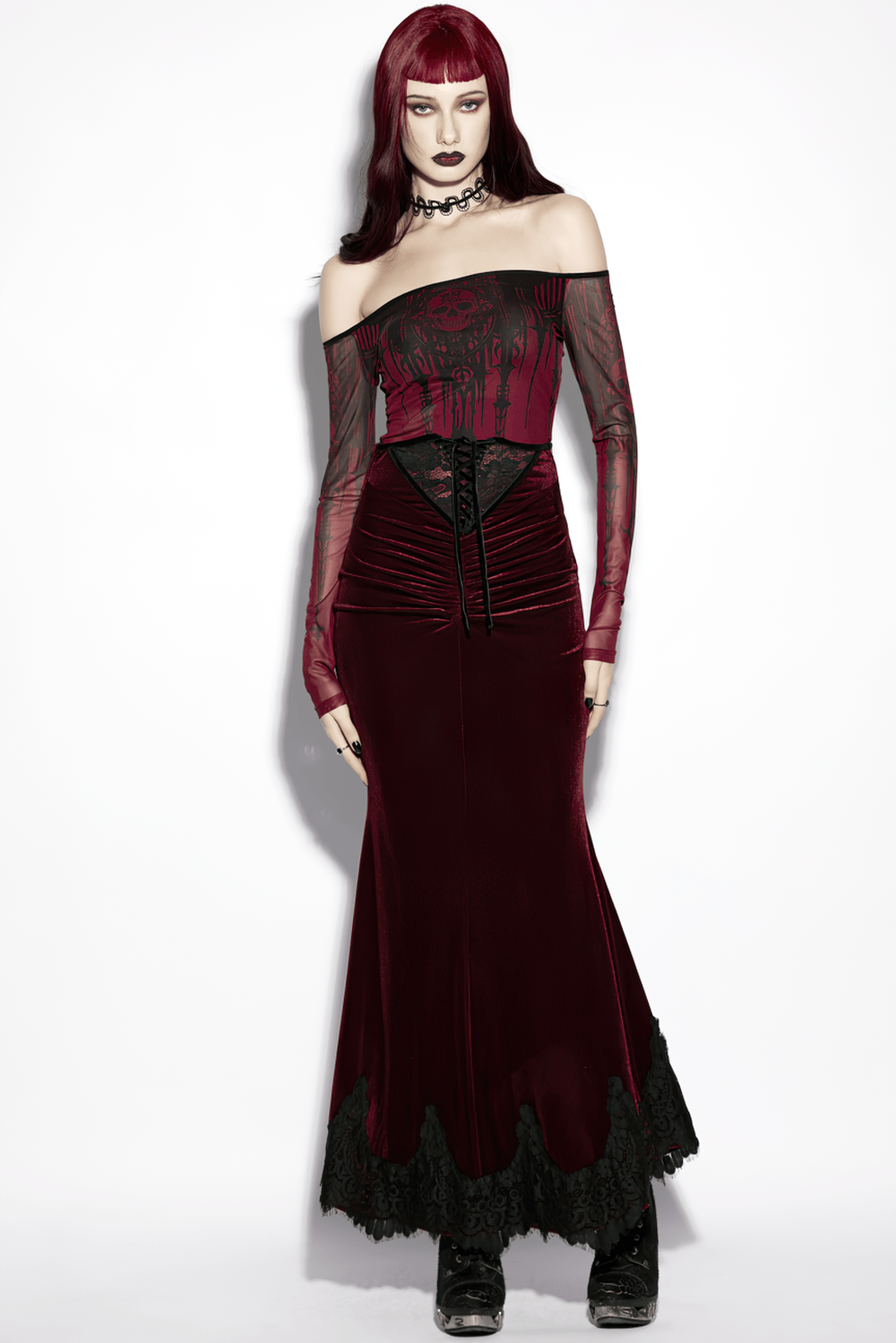 Alt Tag: Gothic Velvet Mermaid Maxi Skirt With Lace Hem wine-red velvet fishtail maxi skirt with black lace hem, dark romance gothic look