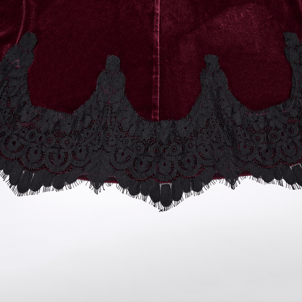 Alt Tag: Gothic Velvet Mermaid Maxi Skirt With Lace Hem wine-red velvet fishtail skirt detail with black lace hem close-up