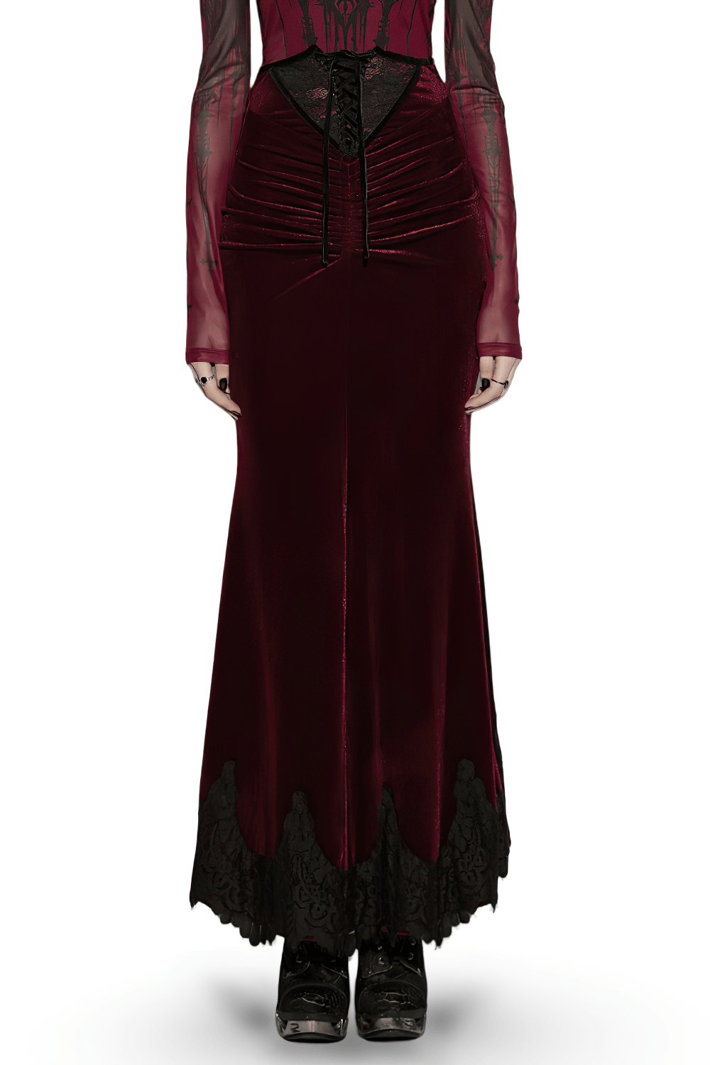 Alt Tag: Gothic Velvet Mermaid Maxi Skirt With Lace Hem wine-red velvet fishtail maxi skirt with black lace hem and lace-up high waist