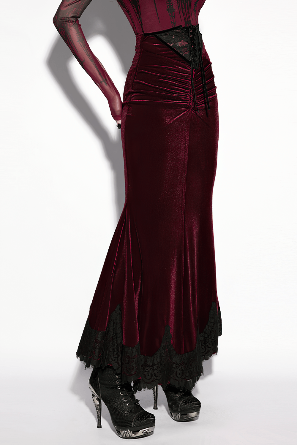 Alt Tag: Gothic Velvet Mermaid Maxi Skirt With Lace Hem wine-red velvet fishtail maxi skirt with black lace hem and lace-up high waist