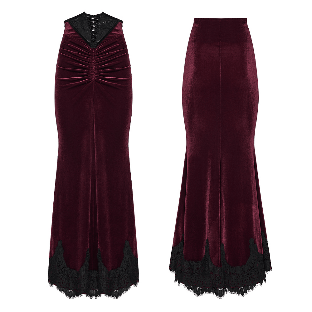 Alt Tag: Gothic Velvet Mermaid Maxi Skirt With Lace Hem, wine-red velvet fishtail maxi skirt with black lace hem and lace-up waist