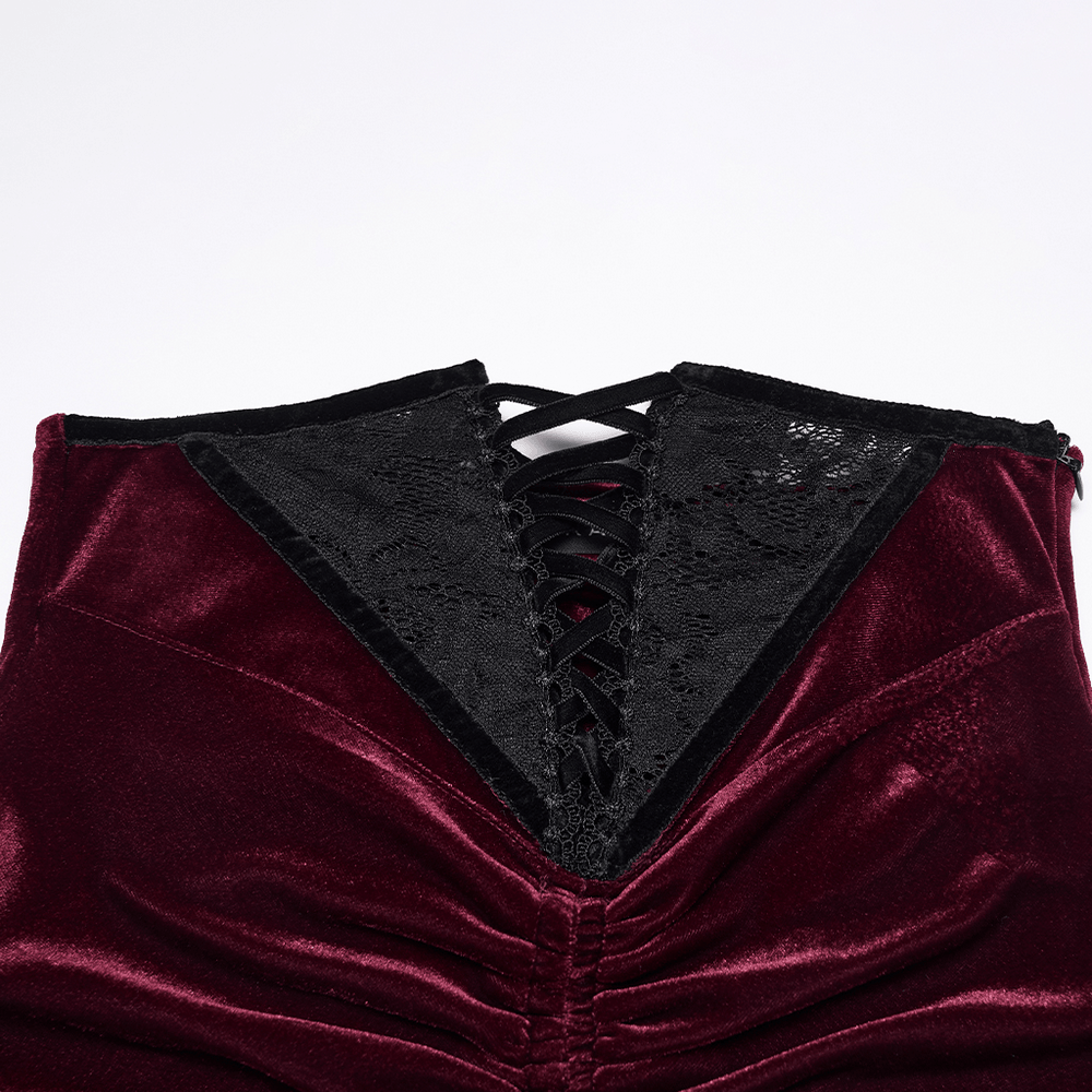 Alt Tag: Gothic Velvet Mermaid Maxi Skirt With Lace Hem wine-red velvet with black lace-up panel and lace hem detail