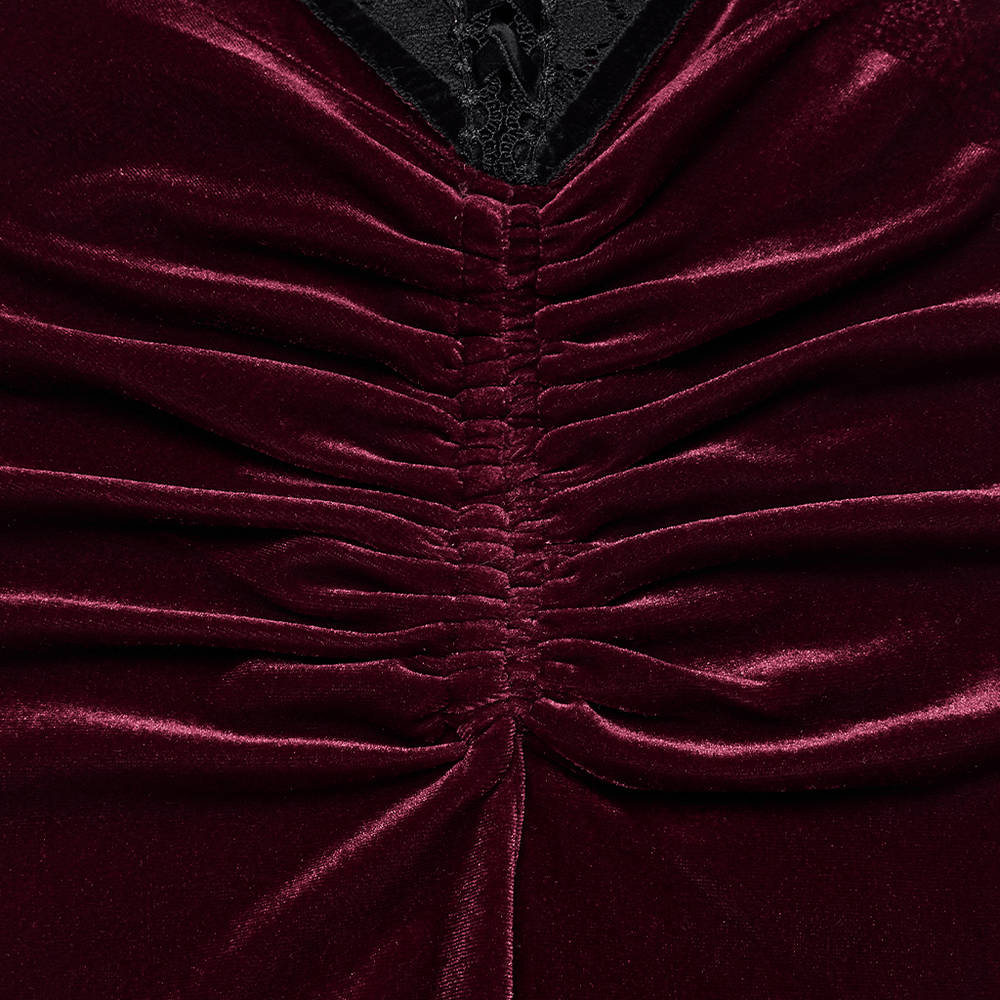 Alt Tag: Gothic Velvet Mermaid Maxi Skirt With Lace Hem wine-red velvet ruched detail with black lace accent