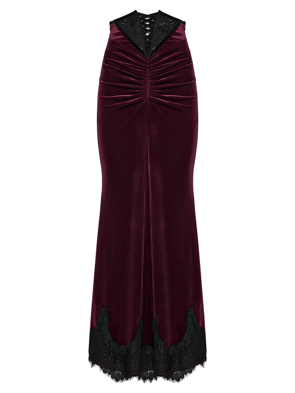 Alt Tag: Gothic Velvet Mermaid Maxi Skirt With Lace Hem wine-red velvet fishtail maxi skirt with black lace hem and lace-up high waist