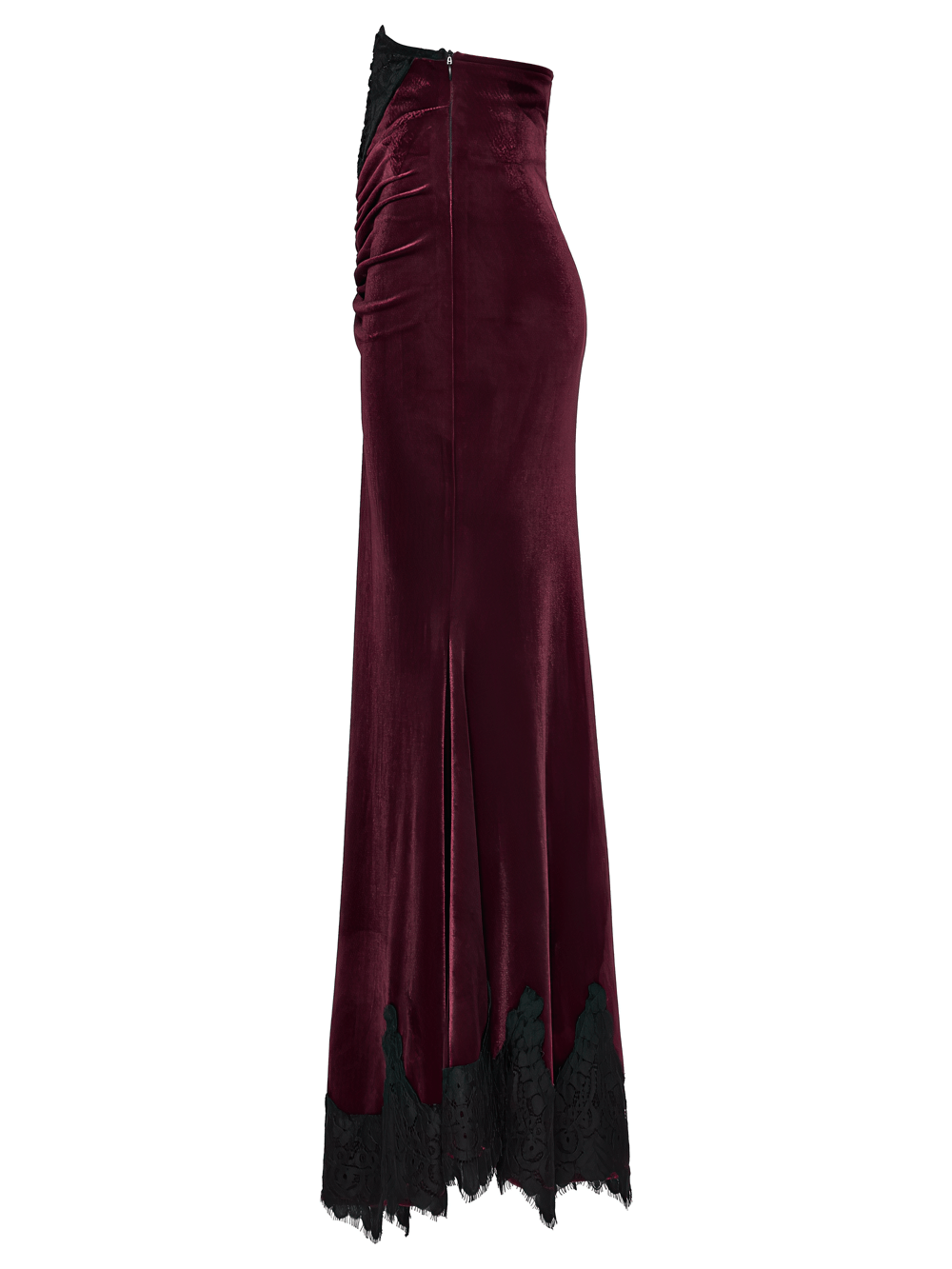 Alt Tag: Gothic Velvet Mermaid Maxi Skirt With Lace Hem wine-red velvet fishtail maxi skirt with black lace hem and high waist