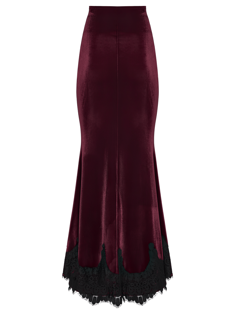 Alt Tag: Gothic Velvet Mermaid Maxi Skirt With Lace Hem wine-red velvet fishtail maxi skirt with black lace hem, high-waist silhouette