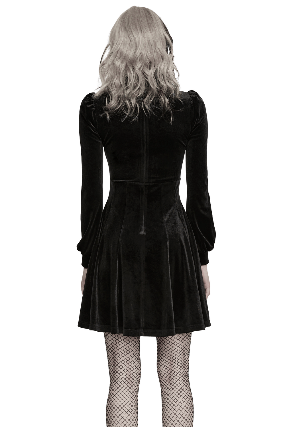 Back view of a model wearing a Gothic Velvet Mini Dress with Cathedral Embroidery showcasing its elegant design.