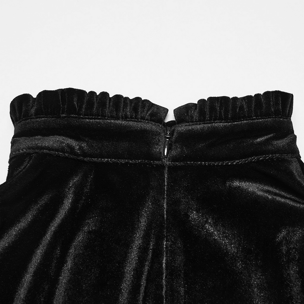 Back view of the Gothic Velvet Mini Dress with Cathedral Embroidery showcasing the elegant ruffled neckline.