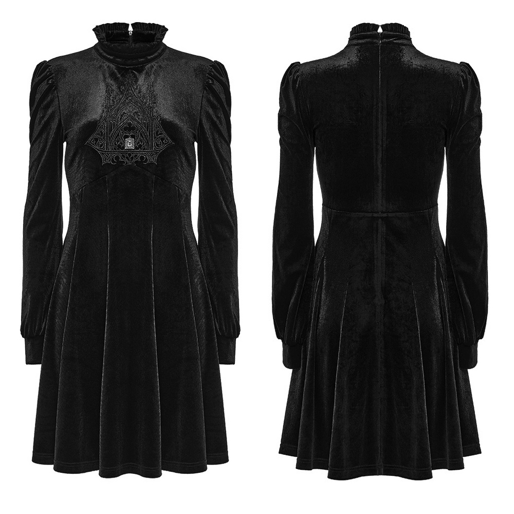Gothic Velvet Mini Dress with Cathedral Embroidery in black, featuring a unique design and elegant velvet fabric.