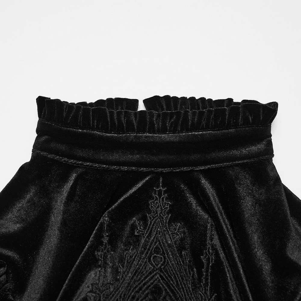Close-up of the collar detailing of the Gothic Velvet Mini Dress with Cathedral Embroidery.