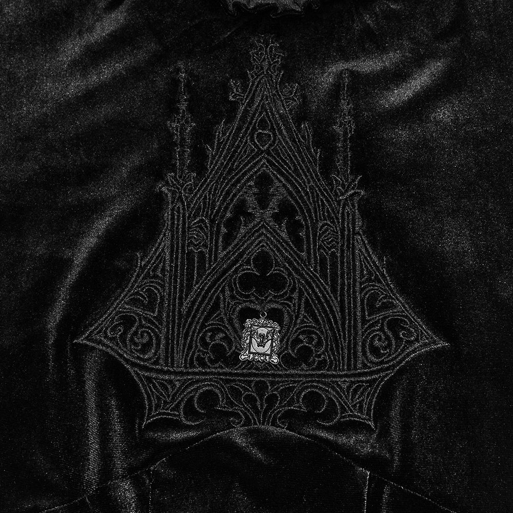 Gothic Velvet Mini Dress with Cathedral Embroidery featuring intricate cathedral embroidery design.