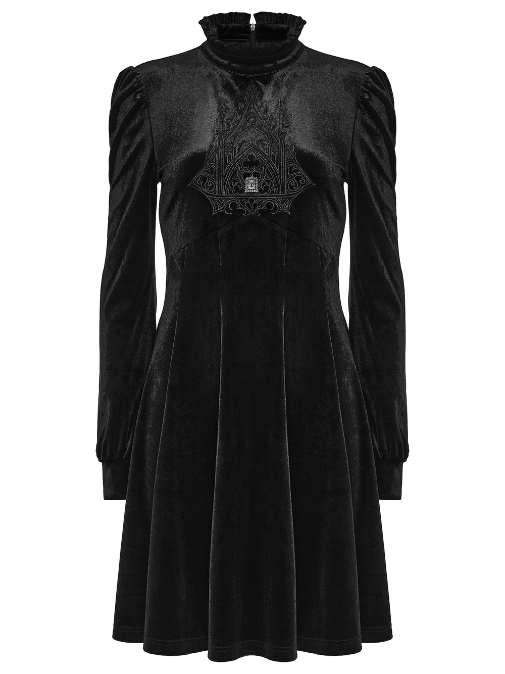 Gothic Velvet Mini Dress with Cathedral Embroidery showcased in elegant black velvet fabric.