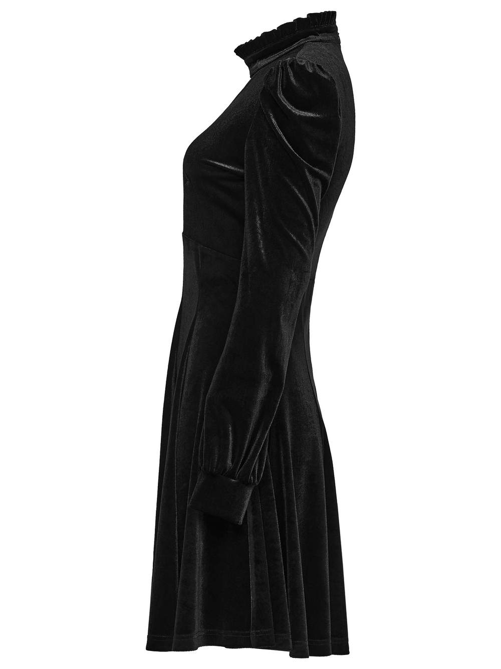 Gothic Velvet Mini Dress with Cathedral Embroidery displayed in elegant black velvet fabric.