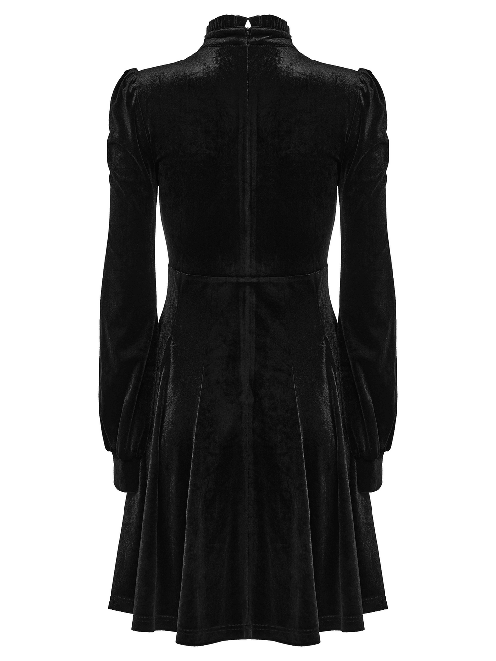 Gothic Velvet Mini Dress with Cathedral Embroidery back view showcasing luxe black velvet design.