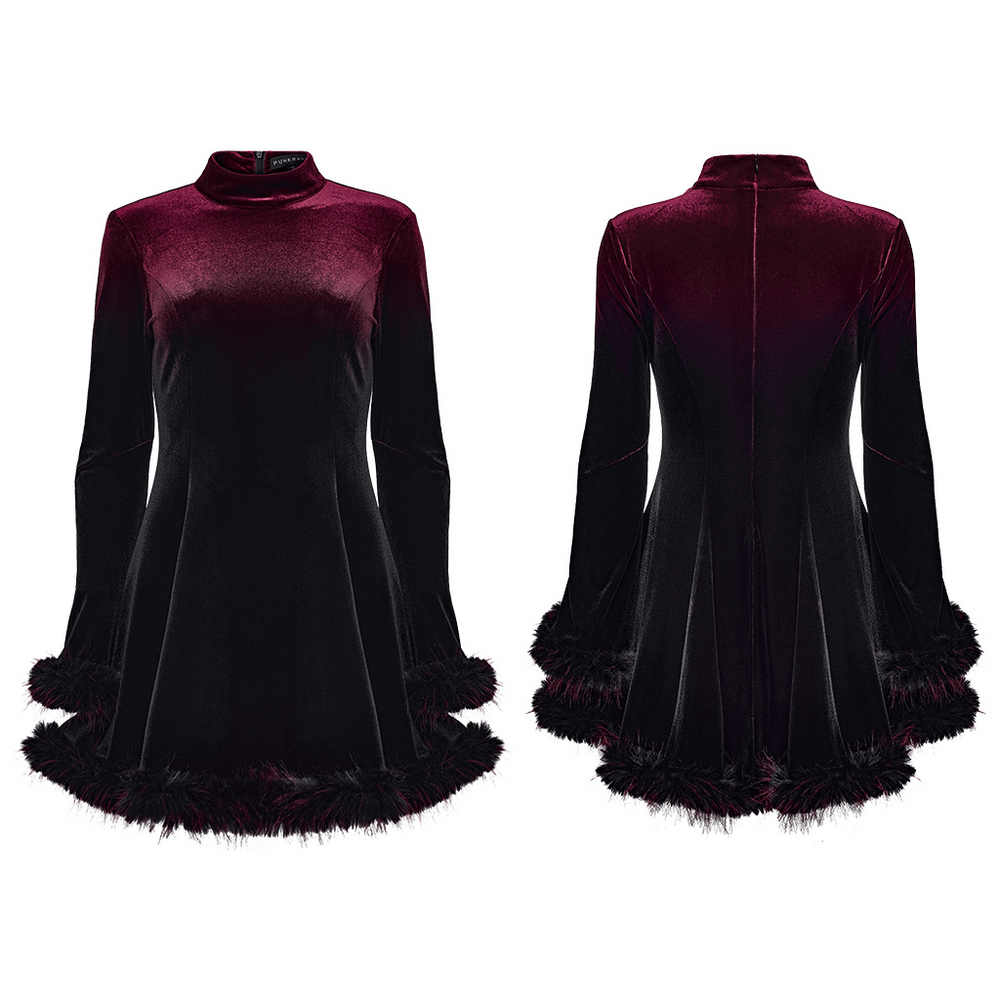 Gothic velvet mini dress with feather trim and zipper, featuring a rich gradient design and elegant cuffs.