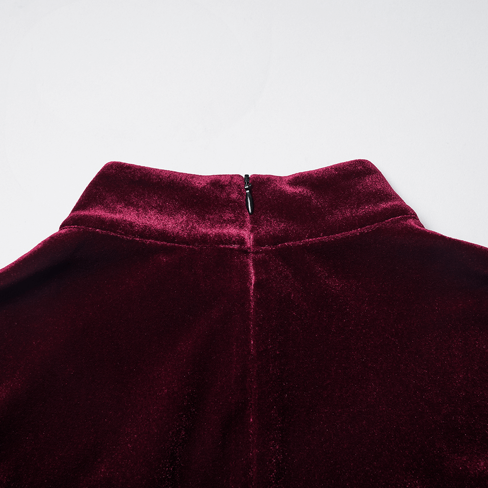 Close-up of the back zipper detail on a gothic velvet mini dress with rich burgundy color.
