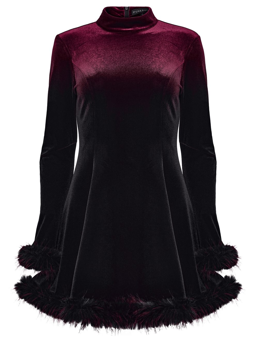 Gothic velvet mini dress featuring feather trim and a zipper, showcasing a rich gradient design in luxurious fabric.