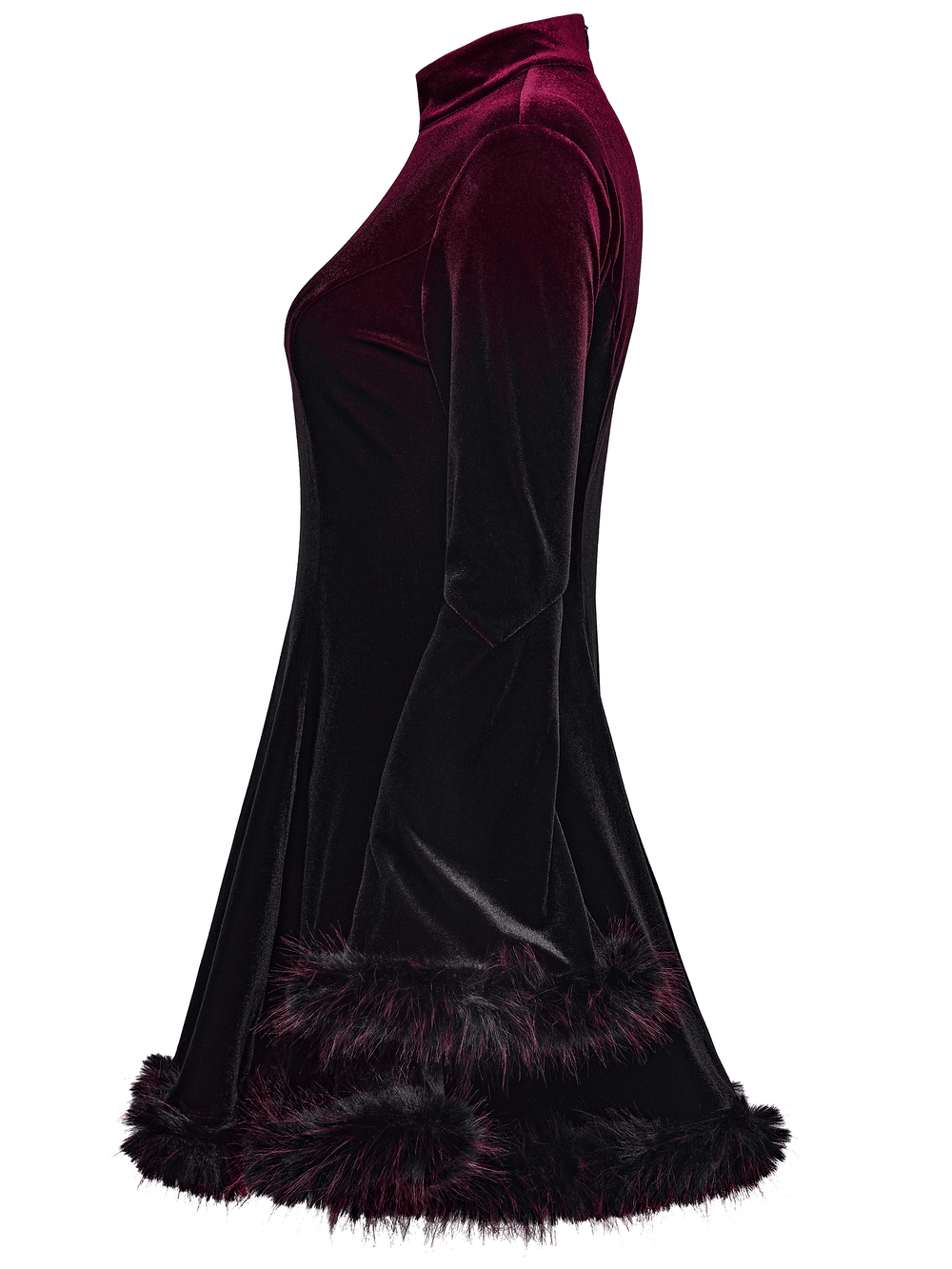 Gothic velvet mini dress with feather trim, featuring a rich gradient and sleek zipper for a dramatic evening look.