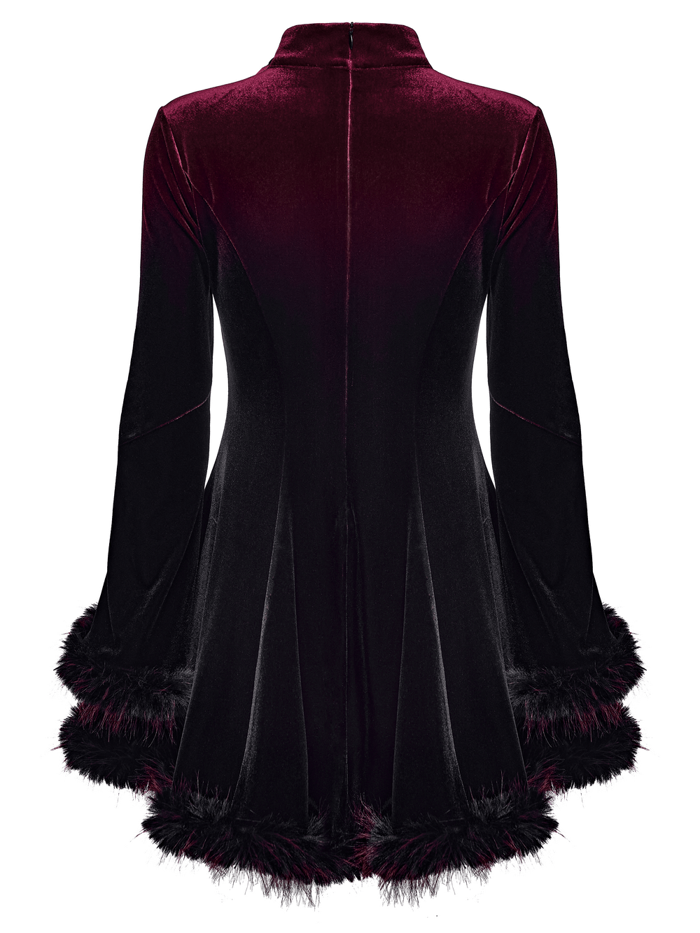 Gothic velvet mini dress in rich gradient with feather trim at hem and cuffs, perfect for alternative fashion.