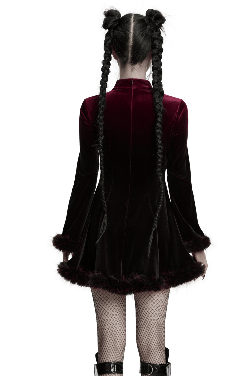 Gothic velvet mini dress with feather trim, showcasing a rich gradient design and stylish back zipper.