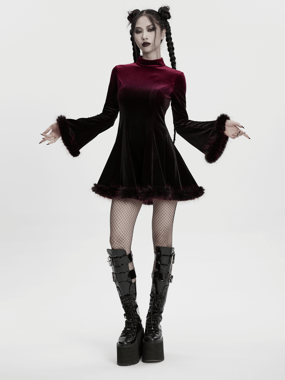 Gothic velvet mini dress with feather trim and zipper, showcasing a dramatic gradient design and stylish cuffs.