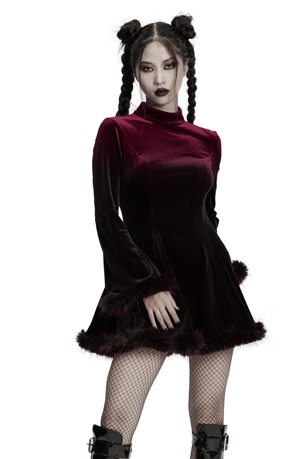 Gothic velvet mini dress in deep burgundy with feather trim, showcasing a luxurious silhouette and striking style.