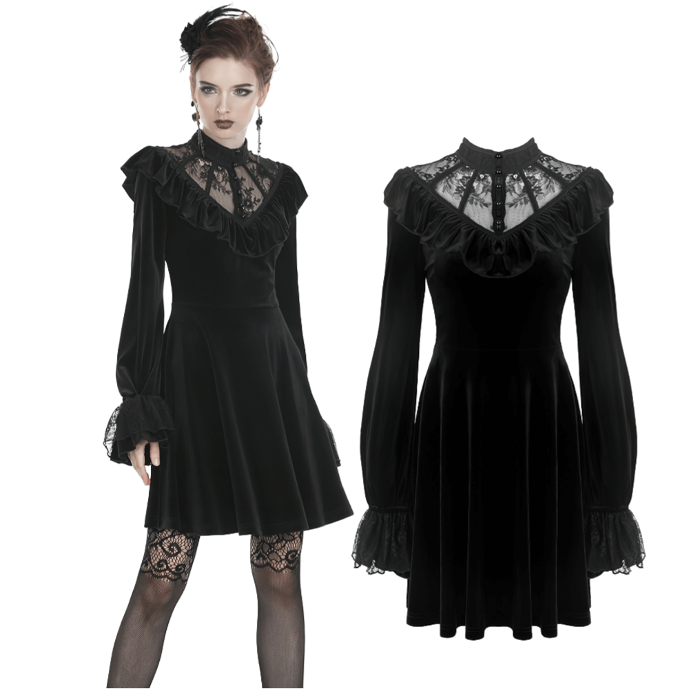 Gothic velvet mini dress with lace collar and long sleeves, showcasing elegant Victorian Lolita style in black.