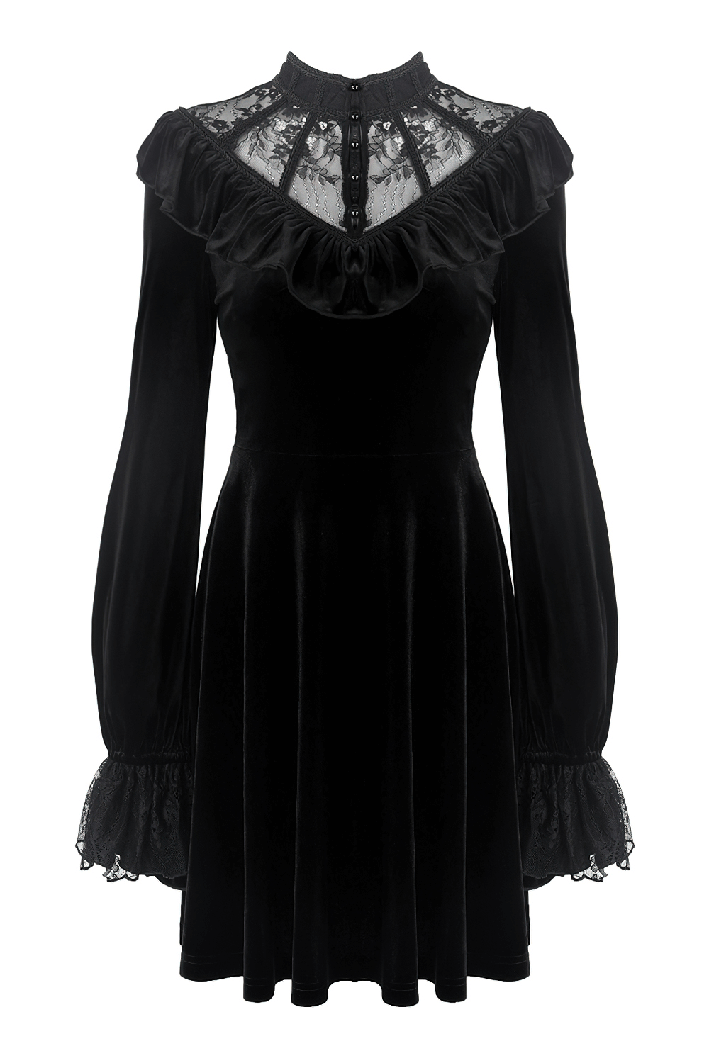 Gothic velvet mini dress with lace collar and long sleeves, embodying Victorian Lolita style in elegant black.