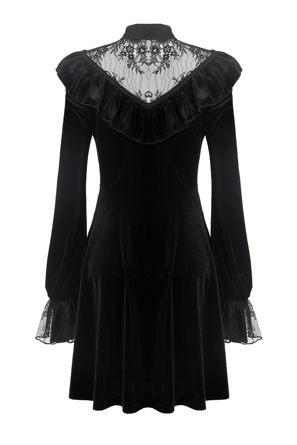 Back view of a Gothic velvet mini dress featuring a lace collar and long sleeves, perfect for Victorian-inspired fashion.