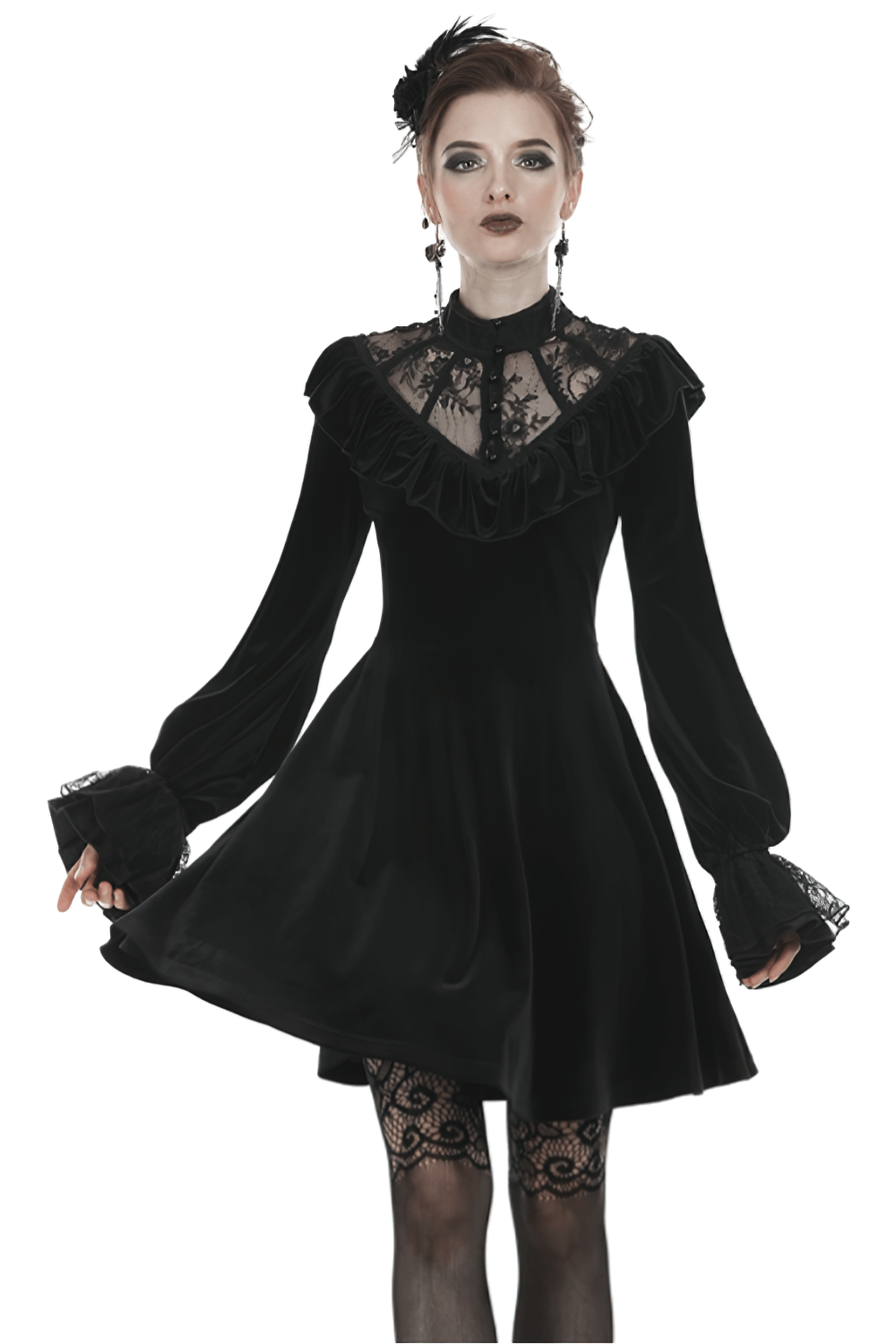 Gothic black velvet mini dress with lace collar and long sleeves, perfect for Victorian-inspired fashion.
