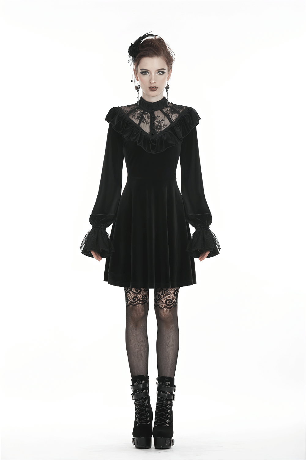 Gothic velvet mini dress with lace collar, long sleeves, and feminine A-line skirt, perfect for Victorian fashion lovers.